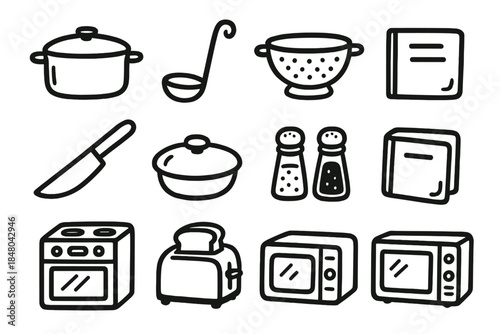 Family Kitchen Icons. Family Cooking outline icons: casserole dish, ladle, colander, baking tray, chopping knife, pot lid, salt shaker, pepper shaker, recipe book, oven, toaster,