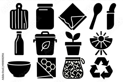 Eco Kitchen Icons. Eco Kitchen silhouette set: bamboo cutting board, reusable jar, cloth napkin, wooden spoon, glass bottle, compost bin, herb pot, solar stove, ceramic bowl,