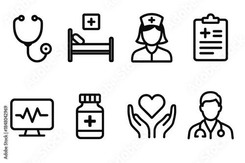Healthcare Icon Set. Patient Care outline icons: stethoscope, hospital bed, nurse icon, medical chart, heart monitor, prescription bottle, doctor silhouette, care hands.