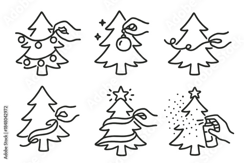 Festive Tree Icons. Christmas Tree Setup outline icons: light wrapping, ornament placing, garland looping, ribbon curling, topper fixing, snow spray finishing.