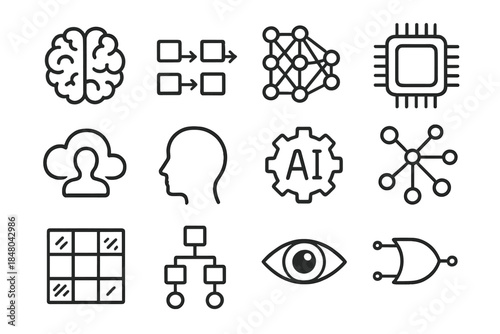 Cognitive Computing Icons. Cognitive Computing outline icons: brain icon, data flow, neural network, circuit chip, cloud interface, human head silhouette, AI gear, knowledge graph,