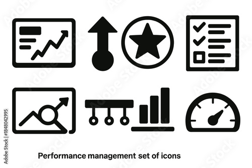 Bold Performance Icons. Performance Management silhouette set: dashboard chart, goal arrow, achievement star, task progress bar, focus graph, timeline view, performance stats, KPI