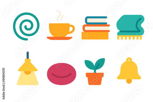 Mindful Workstation Icons. Mindful Workstation Flow modern flat vector icons: breathing swirl, tea cup, book stack, soft blanket, gentle spotlight, floor cushion, tiny plant, quiet