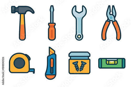 Colorful Tool Icons. Basic Fix-It Tools modern flat vector icons: hammer, screwdriver, wrench, pliers, tape measure, utility knife, screw box, small level