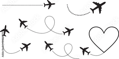 Airplanes flying in heart shape formation with dotted trails on white background