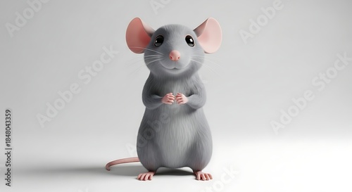A highly detailed 3D illustration of a cute gray rat standing upright on its hind legs against a clean white studio background
