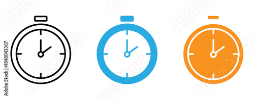 Three colorful stopwatch icons in black blue and orange on a white background
