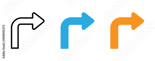 A set of three right turn arrows in different colors and styles