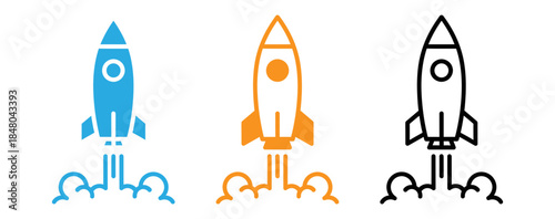 Three colorful rocket ship icons in blue orange and black colors for design and technology concepts