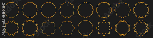Set of luxury gold wavy circular frames and starburst borders