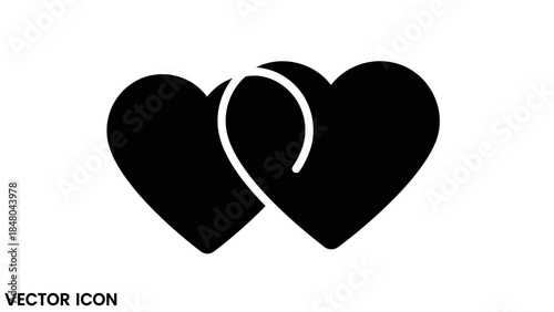 Simple black and white vector icon of two intertwined hearts symbolizing love and connection