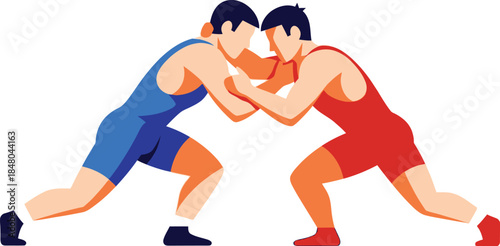 Two male wrestlers in action facing each other on transparent background