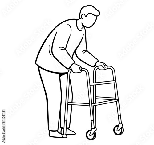 Elderly man using walker for mobility support