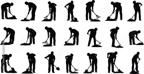 Cleaning worker silhouettes set, janitor sweeping mopping poses, household sanitation concept, professional maintenance staff actions, black shadow figures, isolated on white background