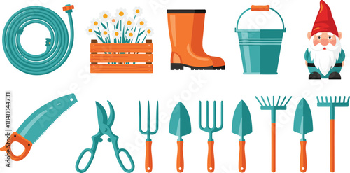 Colorful, gardening tools illustration set, with hose boots bucket gnome shovel rake fork trowel scissors saw for garden work equipment vector icons isolated white