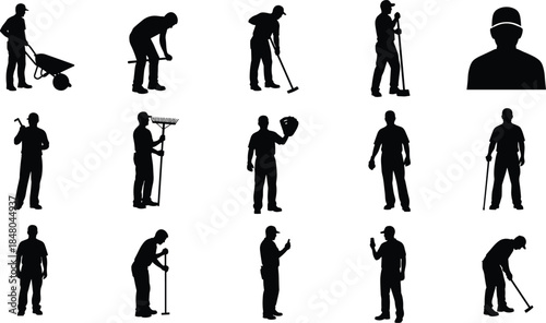 Construction worker silhouettes, laborer icons set, industrial people activities, manual work poses, safety helmet figures, isolated black vector illustration on white background design collection