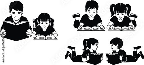 Children reading books icon set, black silhouette illustration of literacy, education, and playful learning concept graphic