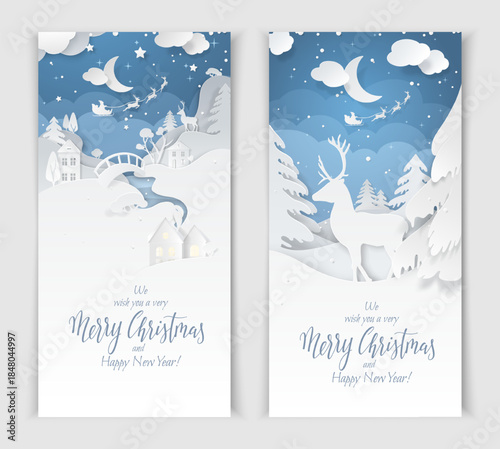 Vector vertical Christmas web banner with paper cutout village, snowdrifts, river, fir trees, deer, and Santa flying around the moon, suitable for holiday websites, advertising, and festive promotions