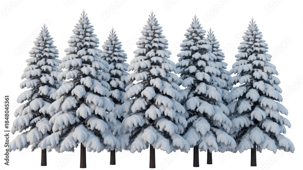 Fototapeta premium Snow covered pine trees in a row winter forest isolated on a transparent background