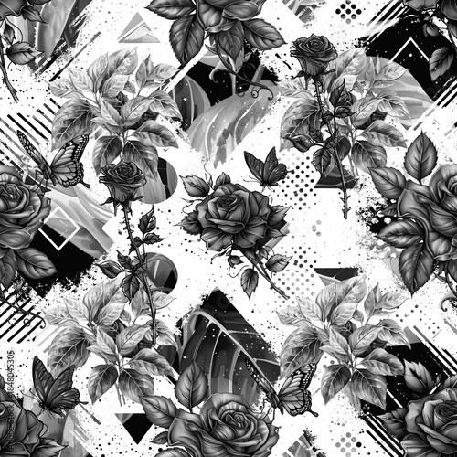 Seamless vector pattern with red garden flowers isolated on a changeable background. Vintage painting style illustration black and white