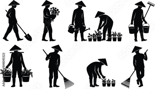 Farmer silhouette set showing agricultural work gardening planting harvesting rural lifestyle vector icons isolated on white background illustration collection farming tools people activity series