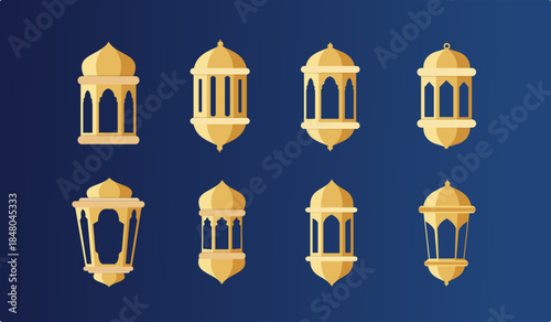 Elegant Islamic Lantern Gold Vector Illustration for Ramadan Kareem and Eid Mubarak, Arabic Lamp Ornament Set, Editable Flat Style Decoration.