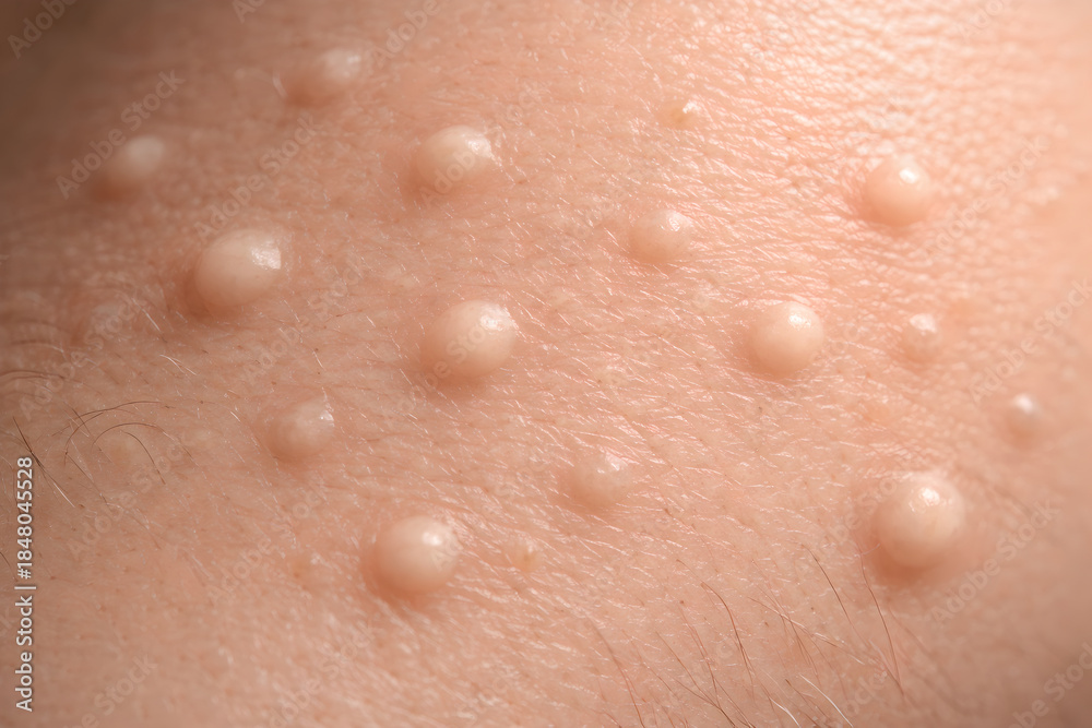Fototapeta premium Photorealistic 3D depiction of comedonal acne (blackheads and whiteheads), close-up of cheek and nose-area skin only, multiple small closed comedones and a few open comedones