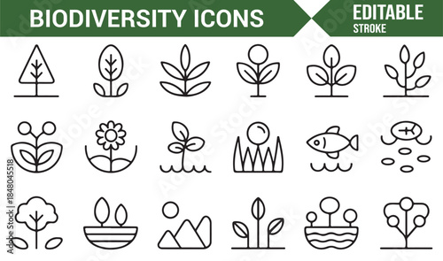 Outline style biodiversity and nature protection icons