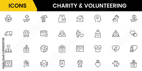 Volunteering and charity web icons in line style. Donate, donor, doctor, care, help, support, collection Vector illustration.