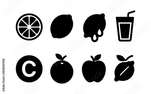 Collection of black fruit and vitamin C icons on a white background