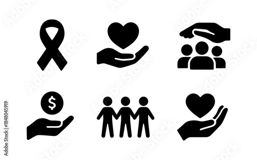Collection of charity and support icons including ribbon, heart, people, and money