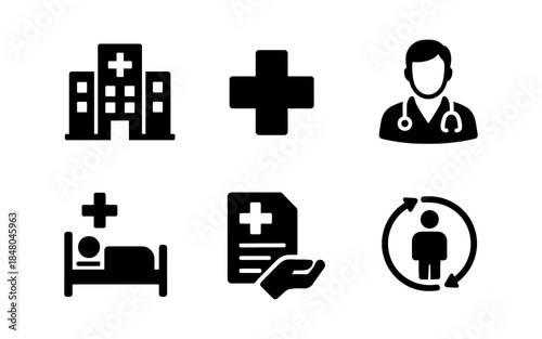 Set of six medical icons representing healthcare services and patient care