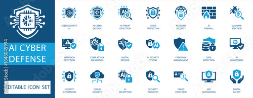 AI Cyber Defense Icon Set. Digital security, network protection, threat detection, and risk management concepts. Perfect for technology, data protection, and AI-driven security projects
