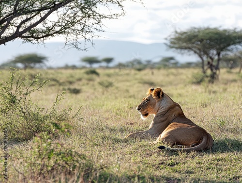 A lioness laying in the wildness .