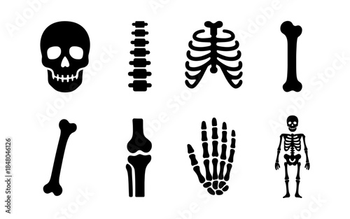 Collection of human skeleton parts and full body silhouette icons