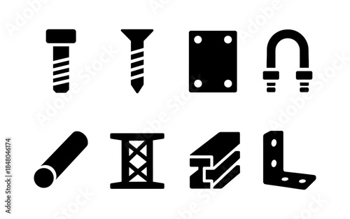 Collection of black hardware icons including bolts, screws, and metal components
