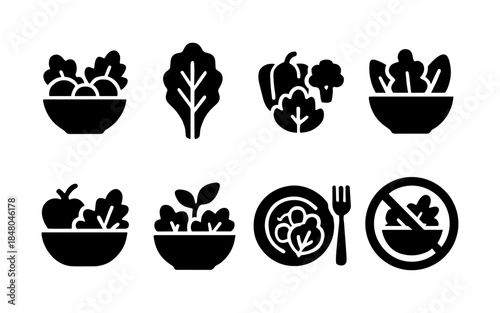 Collection of simple black icons representing salads, vegetables, and healthy eating concepts