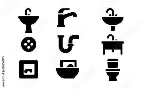 Collection of black bathroom icons representing plumbing fixtures and accessories