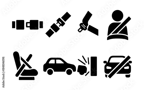 Collection of black icons representing car safety features and road safety concepts