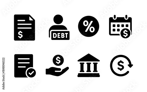 Collection of financial and business icons representing money, debt, and banking services