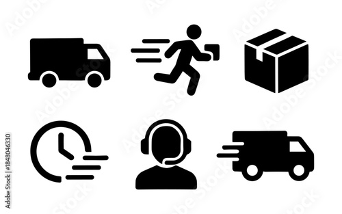 Set of black delivery and logistics icons on a white background