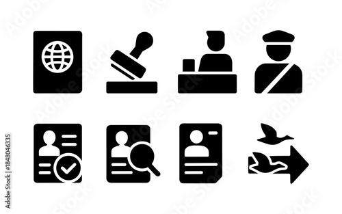 Collection of immigration and travel icons including passport, stamp, and border control