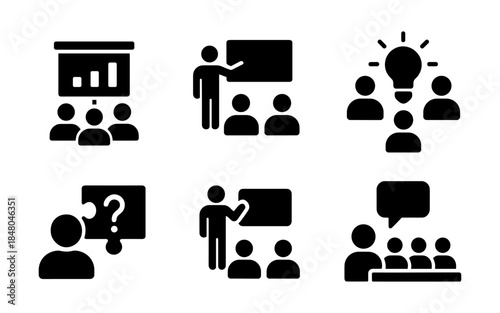 Collection of business meeting and presentation icons illustrating teamwork and ideas