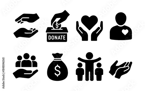 Collection of charity and donation icons representing giving and support
