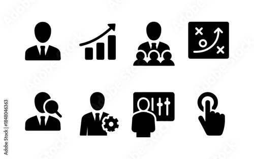 Business icons representing teamwork, strategy, growth, and management