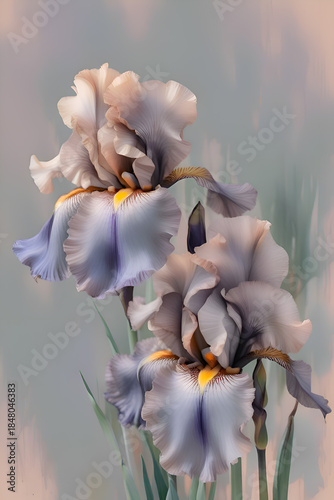 beautiful Digital art with soft pink-purple iris flowers  against pale background.  paint watercolor style. Ai generated