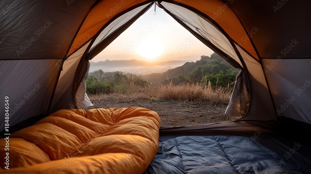 Fototapeta premium View from inside a tent at sunrise over misty mountains