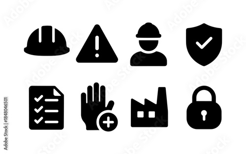 Collection of safety and security icons for industrial and work environments
