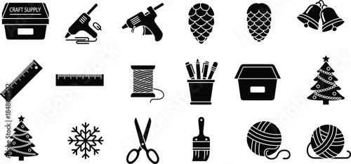Craft Supply Holiday Icon Set, Sewing Tools, Christmas Decoration Symbols, DIY Workshop Elements,