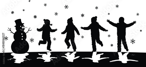 Children Playing In Winter Snow Silhouette Set, Happy Kids With Snowman, Outdoor Seasonal Activity, CAD Drawing, Flat Vector Illustration, Graphic.